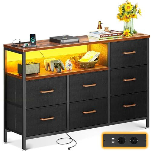Coleshome Kommode mit Schubladen, mit Farbwechsel-LED-Streifen und 2 USB & 2 AC Ports Steckdosen, Komodenschrank mit 7 Stoffschubladen für Schlafzimmer, Wohnzimmer, 132 * 30 * 89cm, Retro Farbe