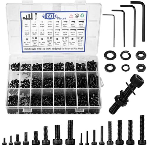 1600 Pcs M2 M3 M4 M5 Juego de Tornillos y Tuercas y Arandelas, Tornillos de Cabeza Hueca Hexagonal Cilíndrica, Kit Métrico de Acero al Carbono Negro con Llave Hex para Reparación de Máquinas