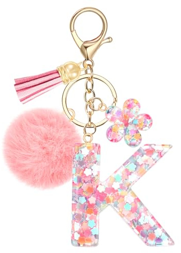 JSRQT Cute Pink Initial Letter Keychain, Flower Sequins Resin Alphabet Letter Keyrings, Flower Tassel Poms Pendants Bag Charm Car Key Chains