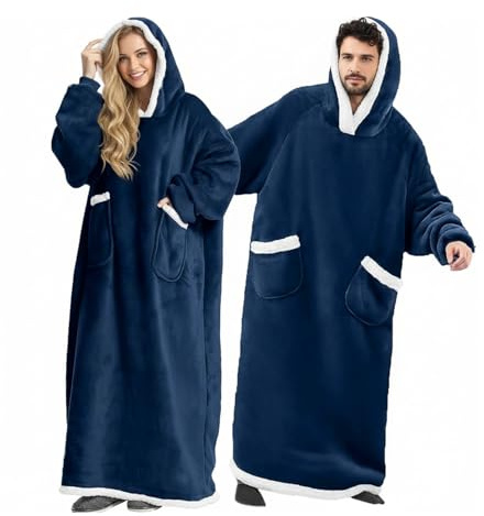 Long Hoodie Blanket for Women and Men, Wearable Blanket with Sleeves and Giant Pockets, Thick Flannel Sherpa Fleecea hoodie,Super Soft Warm Cozy Oversized Winter Robe
