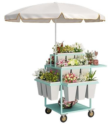 Blumenwagen, Pflanzenständer, Metall-Gartenwagen mit 18 Eimern und Sonnenschirmen, ideal für Floristenläden, Innen- und Außendekoration