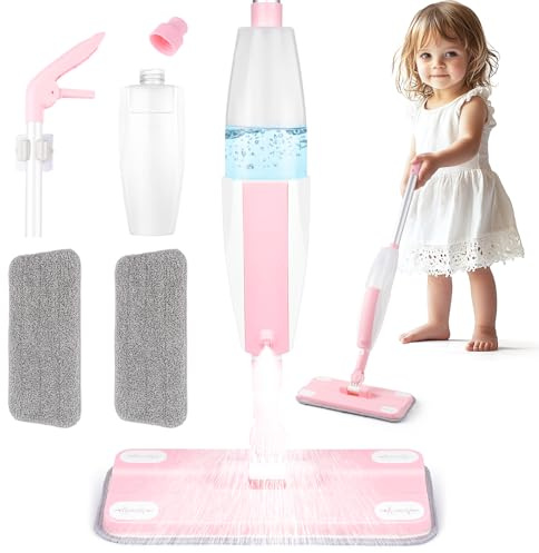 Yeeammk Kids Spray Mop Toy for Toddlers Age 3+, Real Water Sprayer with Detachable Cloth, Montessori Pretend Play Cleaning and Learning Toys Gift for Kids Girls Boys Pink