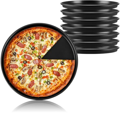 APACALI 8 Stück Pizzablech Rund 28 cm, edelstahl pizzaform mit Antihaftbeschichtung, Schwarz Pizzateller, Pizza Backblech, Kuchenblech Rund für für Pizza Käsekuchen Pie Flammkuchen