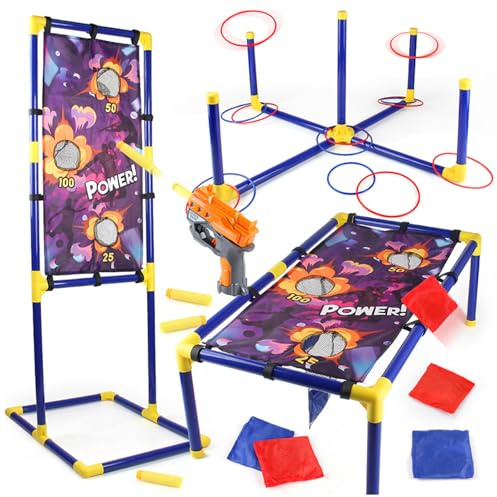 ZUSUZU Juego de Disparos para Niños de 6 7 8 9 10 11 12 Años, 3 in 1 Bean Bag Toss & Shooting & Ring Toss Game Set, Juguetes de Actividades en Jardín Interiores y Exteriores