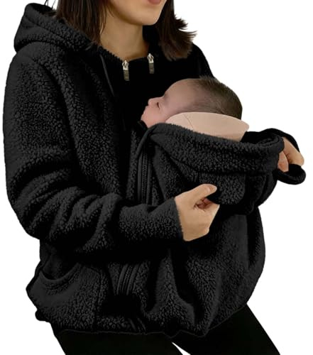 Generico Giacca da Trasporto per Mamma e Bambino 2 in 1 con Inserto per Neonato,Coat da Allattamento,in Pile Morbido di Maternità,con Cappuccio,Canguro,Giacca di Maternità Calda,Autunno e Inverno