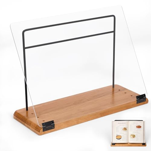 Large Cookbook Stand for Kitchen Counter Adjustable，Wood Recipe Book Holder with Acrylic Shield,Cherry Wood Base and Metal Rail,Durable Cook Book Holder Stand Easily Keeps Cook or Recipe Books Open