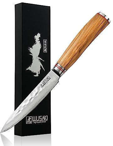 Wusaki - Couteau Universel Design Japonais lame damas 12cm en acier inox 10Cr manche bois d'olivier vendu dans un coffret cadeau