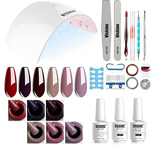 Gel Nail Polish Starter Kit - Vishine 6 Corals Colors Gel Polish Set Base Top Coat, 36W LED Nail Dryer Lamp with Full DIY Gel Manicure Nail Tools 8ml #C022