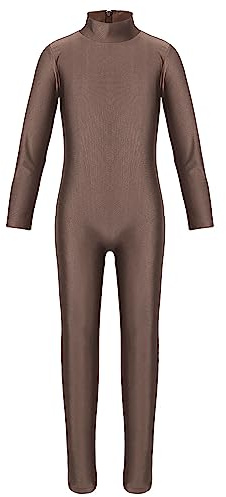 inlzdz Children's Girls Long Sleeve Dance Gymnastic Leotard Unitard Full Length Bodysuit Catsuit Dancewear Costumes Brown 10-12 Years