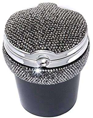 Uposao Auto Aschenbecher mit Licht, Bling Strass Glitzer Auto Zigaretten Aschenbecher mit Deckel Tragbarer Auto-Aschenbecher mit LED Licht für Auto, Haus, Büro Aufbewahrungs Getränkehalter,Schwarz