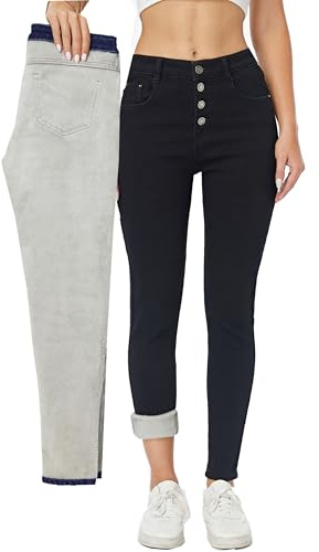 heipeiwa Fleece Lined Jeans Women's Winter Thermal Jeans Flannel Lined Skinny Denim Jeans 4 Buttons