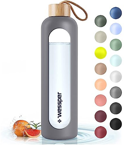 Wessper Trinkflasche Glas mit Silikonhülle, Wasserflasche mit Zeitmarkierungen, Transparente Wasserflasche aus Borosilikat Glas, Berwachung Ihrer täglichen Wasseraufnahme 1L – Grau