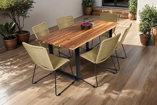 SAM 7tlg. Outdoor-Tischgruppe 180 x 90 cm Avila, Akazienholz massiv & geölt, Esstisch mit U-Gestell schwarz lackiert, echte Baumkante, viergeteilte 26mm Platte + 6X Seilstuhl ISRA in Taupe