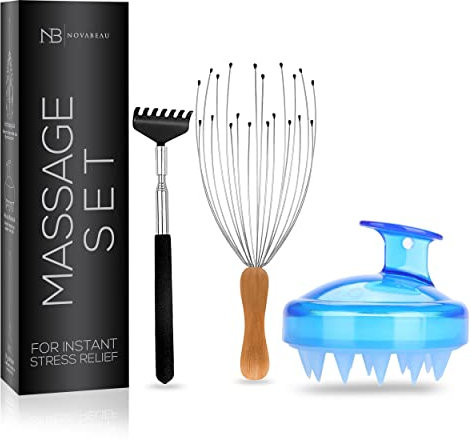 Novabeau Kopfmassage Spinne 3-teiliges Rückenkratzer ausziehbar,Kopfmassage Spin & Kopfhaut-Massagebürste-Kopfhaut-Massagegerät-langlebige Silikon-Haarbürste ergonomische Shampoo-Bürste gegen Schuppen