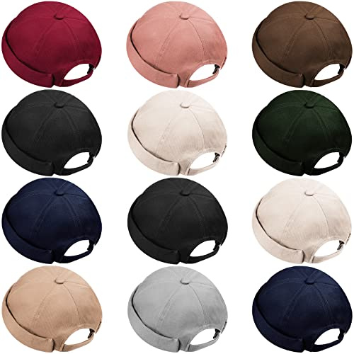 Vabean 12 Pieces Brimless Hat Docker Cap Adjustable Skull Caps for Men Women Rolled Cuff Brimless Beanie Hat, Assorted Color(Classic Color,Cotton)
