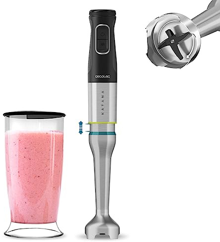 Cecotec Batidora de Mano Katana 12 Jar S. 1200 W, 21 Velocidades y Turbo, 4 hojas con Titanio Negro, Campana antisalpicaduras, Pie extralargo, Vaso 800 ml