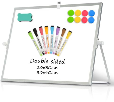 DOLLAR BOSS Magnetic Desktop Whiteboard 30x40cm Double Sided Dry Erase Small White Board with Stand, A3 Mini Whiteboard 8 Pens, 1 Eraser, 6 Magnets, for Teachers Home Office