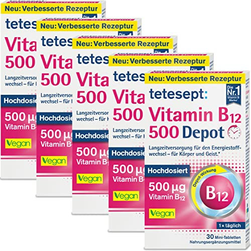 tetesept Vitamin B12 Depot – Hochdosiert mit 500μg Vitamin B12 zur Langzeitversorgung des Energiestoffwechsels - für Körper und Geist - Vegan - 5 x 30 Mini-Tabletten (Nahrungsergänzungsmittel)