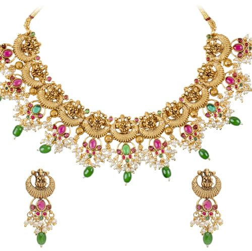 Bodha Traditional Indian Antique Gold Plated Lakshmi Temple Necklace Set with Matching Earrings and Adjustable Dori for Women (SJN_214_MT)