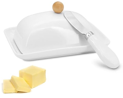 Yuhtech Butterdose mit Deckel und Messer, Butter Dose aus Keramik mit Griff, Butterschale Porzellan Butterbox Butterschälchen für 250g Butter