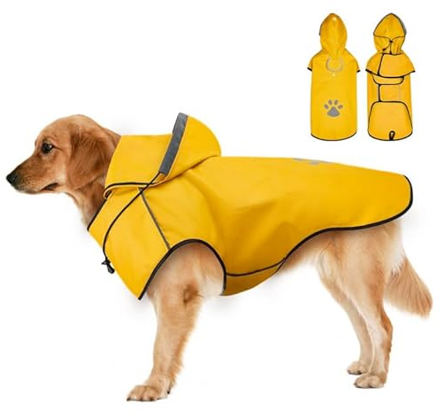 Dog Waterproof Coat for Large Dogs, Soft Lightweight Hooded Adjustable Reflective Raincoat Waterproof Jacket Dog Rain Coats with Leash Hole/Reflective Strip/Hoodie, Yellow - XL