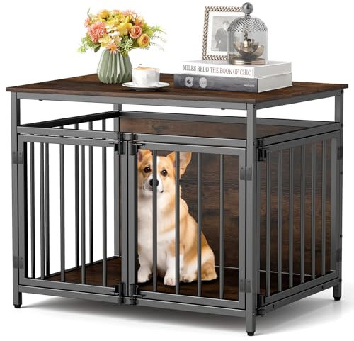 COSTWAY Dog Crate Furniture, Wooden Dog Cage with Lockable Doors & Hollow Top, Indoor Pet Kennel Side End Table for Small & Medium Sized Dogs, 80 x 60 x 64cm