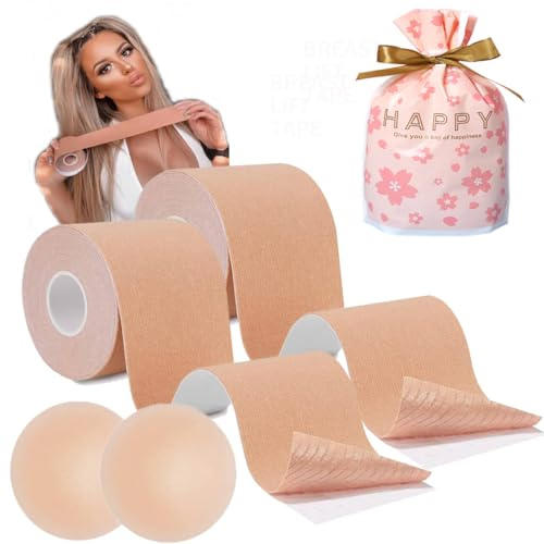 OHWHOA Bande Adhesive Poitrine, Soutien Gorge Adhesif pour Bonnet A à E, 2 Rouleaux de 5M x 5cm Tape pour Dos Nu Mariage, Plongeant, sans Bretelles(Beige+Beige)