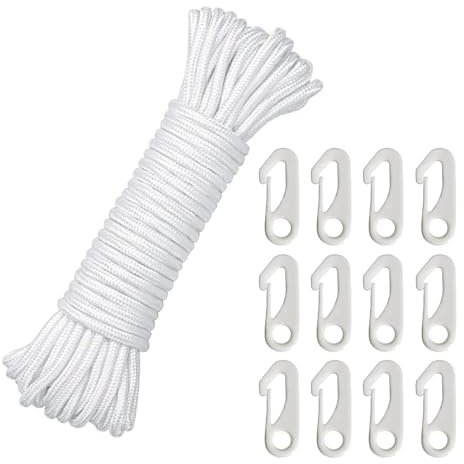 20M Flag Pole Rope with 12 PCS Flag Poles Clips(White) | Flag Pole Halyard Rope Kit, Tree Swing Rope, 6MM Nylon Cord for Flagpole Sailboat Garden Camping