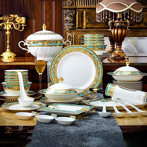 SQMGFA Service de Table Classique en céramique, 59 pièces, Service de Table en Porcelaine de Phnom Penh Haut de Gamme | Soupière, Assiette et Bol – Ensemble combiné en Porcelaine Tendre pour c