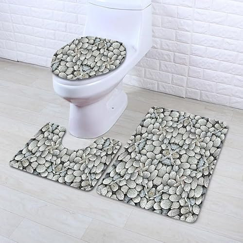 Badrumsmatta abstrakt grå sten WC matta med urtag WC lockskydd 3 delar WC matta halkfri badrumsset U-formad badmatta tvättbar badrumsmattor set 50 x 80 cm