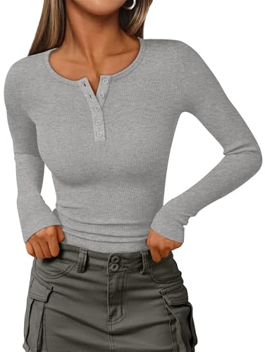 IEEILULU Tops de Manga Larga de Punto - Camisas Henley Acanaladas para Mujeres, Blusas con Botones y Escote en V, Túnica Básica para Mujeres (FR/ES, Letras, S, Regular, Regular, Gris)