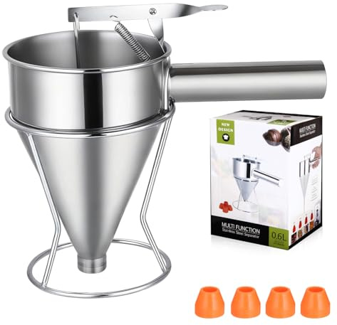 Zaxiva Entonnoir Cuisine, 600ml Entonnoir a Piston Inox, Distributeur de pâte avec support et 4 buses en silicone, pour Gâteaux, Muffins, Gaufres, Pancakes