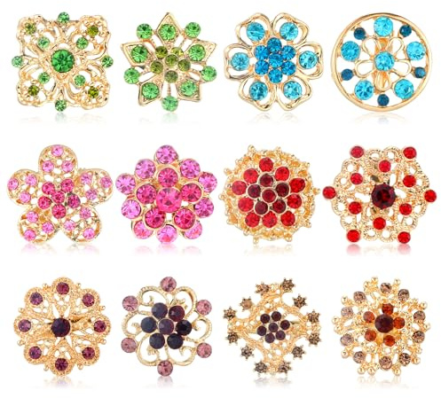 12pcs Brooches and Pins for Women, 1 Inch Rhinestone Flower Brooch, Vintage Brooches Set for Crafts and Fashion