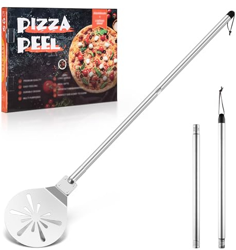 Herogo Pizza Turning Peel, 8 Inch Stainless Steel Perforated Pizza Paddle with Long Detachable Handle, Round Pizza Shovel for Baking Pizza, Metal Turning Tools for Oven Grill, Easy Clean & Storage