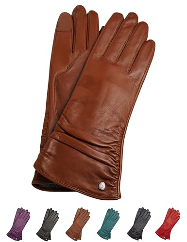 AKAROA ESTD 2019 Lederhandschuhe Damen BEA, Touchscreen Funktion, italienisches Leder, recyceltes Strickfutter aus 50% Kaschmir und 50% Wolle, 4 Größen S - XL, cognac, XL - 8,5