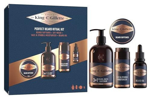 King C. Gillette Kit Rituale Barba Perfetta, Con Detergente Barba E Viso 350ml+ Balsamo Barba 100ml, Idratante Barba E Viso 100ml + Olio Da Barba30 ml
