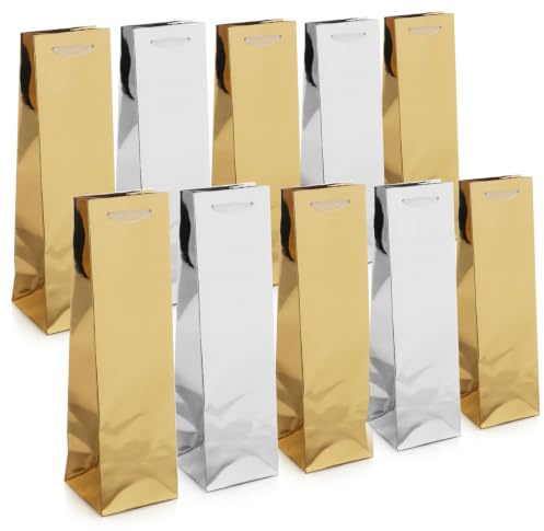 com-four® 10x Julklappspåsar för Vin och Mousserande Vin | Guld- och silverfärgade metallicpåsar av papper med snörhandtag för flaskor [Urvalet varierar]