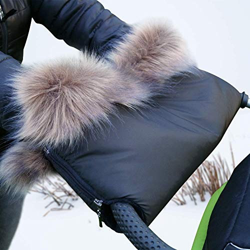 Baby-Joy Kinderwagen Muff mit Kunstfell, warmer Handwärmer und Handschutz, wetterfester Handschuh mit Reißverschluss und flauschigem Innenfutter | Farbe: 25 Navy Dunkelblau