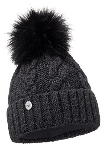 ELIMELI® Winter Mütze Damenmütze mit Fell-Bommel Fleece Innenfutter gefüttert - warme Damen Bommelmütze Strickmütze - Wintermütze mit Kunstfell Bommel - Slouch Strick Beanie Made in EU (dunkelgrau)