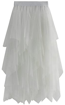 SotRong tutu/tyllkjol för kvinnor med elastisk hög midja, lager, nät, balett, bröllopsfest, bal, midi, A-linje, veckad, vadlång kjol, g-vit, en storlek