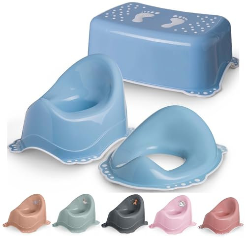 DOCARI Kinder Töpfchen Set 3 in 1 ab 1 Jahr blau – Töpfchenset Jungen Mädchen stabil rutschfest und hygienisch - Ideal fürs Töpfchentraining: Lerntöpfchen Toilettenaufsatz Hocker