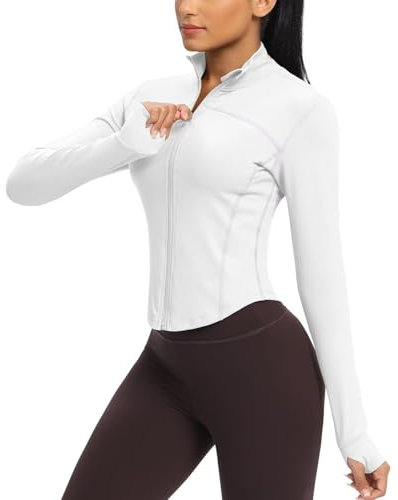 QUEENIEKE Women's Cropped Running Jackets - Zip Up Lightweight Athletic Yoga Gym Tops BBL Jacket with Thumb Holes (White, X-Small)