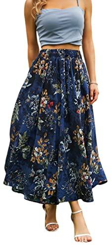 Abaadlw Maxi Skirts for Women with Pockets Long Midi Length Casual Skirt for Beach Party Holiday Blue Floral