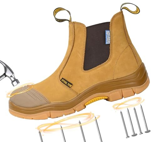 BOIWANMA Work boots for men, Steel Toe, Puncture-resistant, Pull on Chelsea Leather Safety Boots, US Size 12W