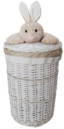 dvier Cesto para la ropa sucia de mimbre, redondo, blanco, tapa con conejo de peluche, color beige, 34 l, D.32 H.48