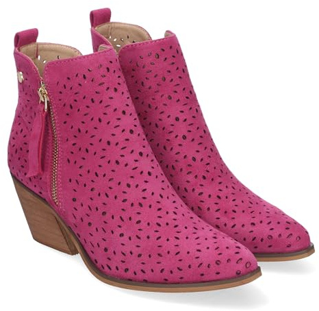 83834 Botines de Tacon Campero para Mujer Primavera Verano Elegantes y Comodos, Diseno Perforado con Doble Cremallera Lateral con Fleco, Ideal para Cualquier Ocasion. Fucsia Talla 40