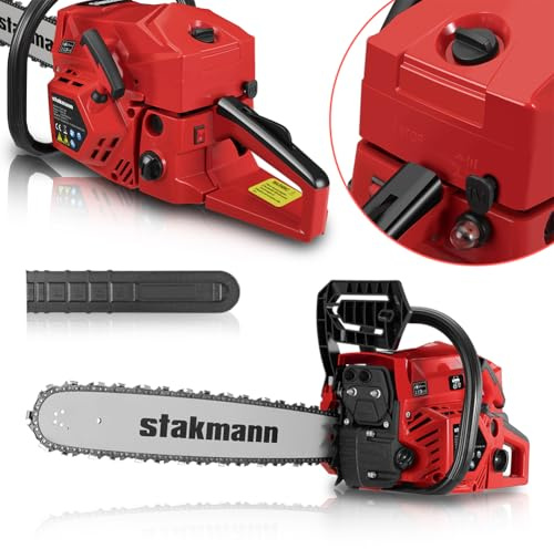 Stakmann Motosega Benzina a Scoppio Due Tempi Con Lama 50 cm, Interruttore di Sicurezza Freno Catena e Tanica Olio Taglia Rami Legna Giardino Albero Avviamento Veloce Sistema Antivibrante (52 cc)