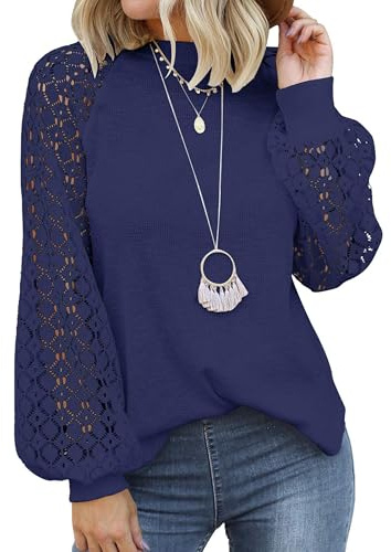 Zeagoo Chemisier élégant pour Femme Col Rond Manches Longues Haut uni Chemise Chemisier Tunique en Dentelle avec Manches Lanterne