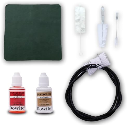 Dowite Trumpet Cleaning Kit 6-Piece, Premium Synthetic Valve Oil & Slide Grease, Flexible Vinyl-Coated Snake Brush, Mouthpiece & Valve Brushes, Cloth - Maintenance Care Set for Trumpet Cornet Brass