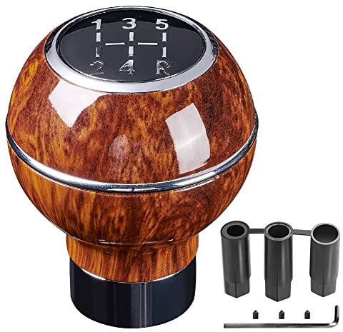 XhuangTech Holzmaserung Schaltknauf, 5-Gang Universal Runde Aluminiumlegierung Schalthebel, Auto Interieur Zubehör für die Meisten Manuellen Getriebe Fahrzeug mit 3 Gummi-Adapter M8 M10 M12 (Silber)